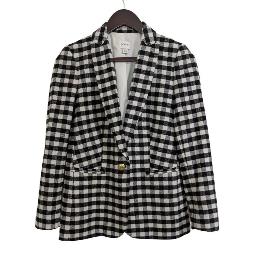 J. Crew Wool-blend one-button blazer Buffalo Check Style BB394 Sz 00 Ivory Black